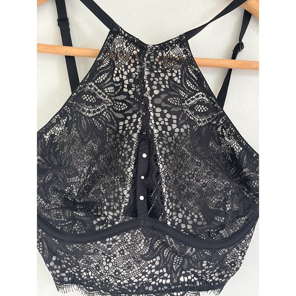 Victorias Secret Very Sexy Unlined Black Plunge Lace Halter Long Line Bra 32C - Picture 3 of 10